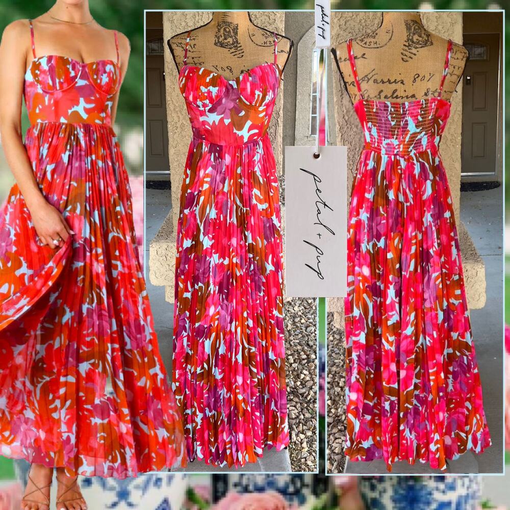 Petal & Pup Red Pink Orange Floral Pleated Maxi Dress - Picture 1 of 14